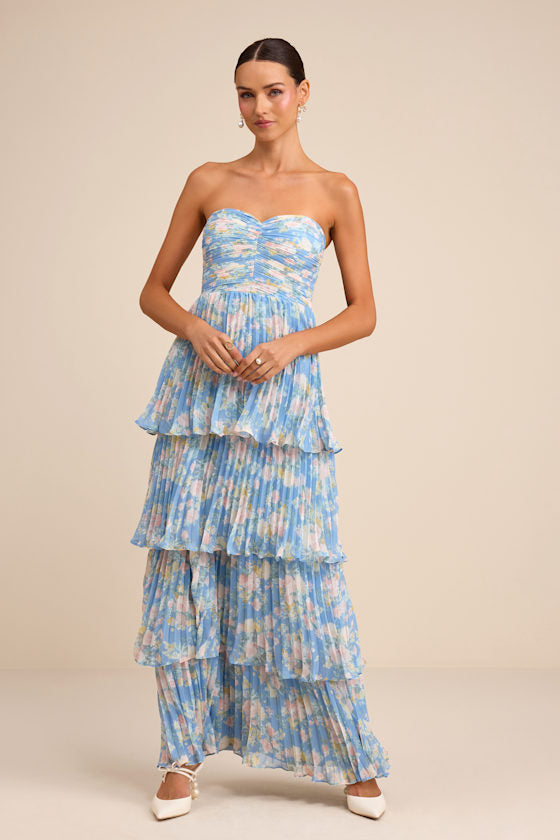 Seriously Sensational Light Blue Strapless Tiered Maxi Dress