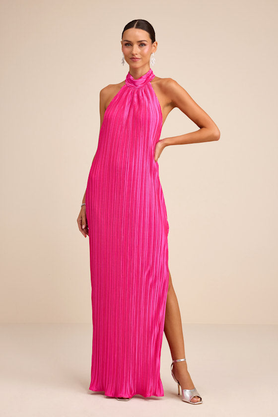Gwenny Lime Green Satin Plisse Maxi Dress #Color_Hot Pink