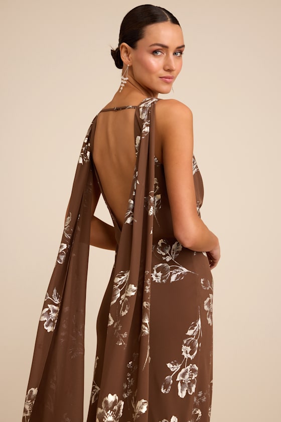 Sidonia Yellow and Gold Floral Cowl Sash Maxi Dress #Color_Brown and Gold