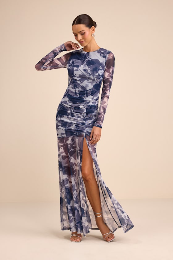 Vibrant Poise Blue Floral Print Mesh Ruched Maxi Dress #Color_Blue Floral Print
