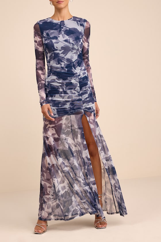 Vibrant Poise Blue Floral Print Mesh Ruched Maxi Dress #Color_Blue Floral Print