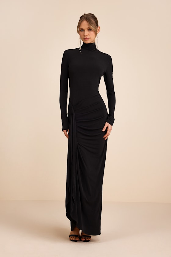 Tassana Wine Red Jersey Knit Mock Neck Maxi Dress #Color_Black