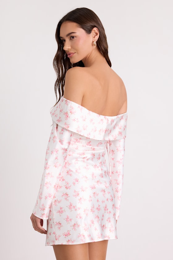 Luxurious Vision White Satin Off-the-Shoulder Mini Dress #Color_White Floral