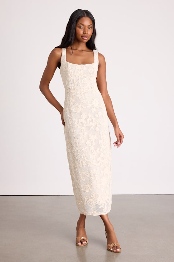 Larine Cream Abstract Floral Embroidered Midi Dress #Color_Cream
