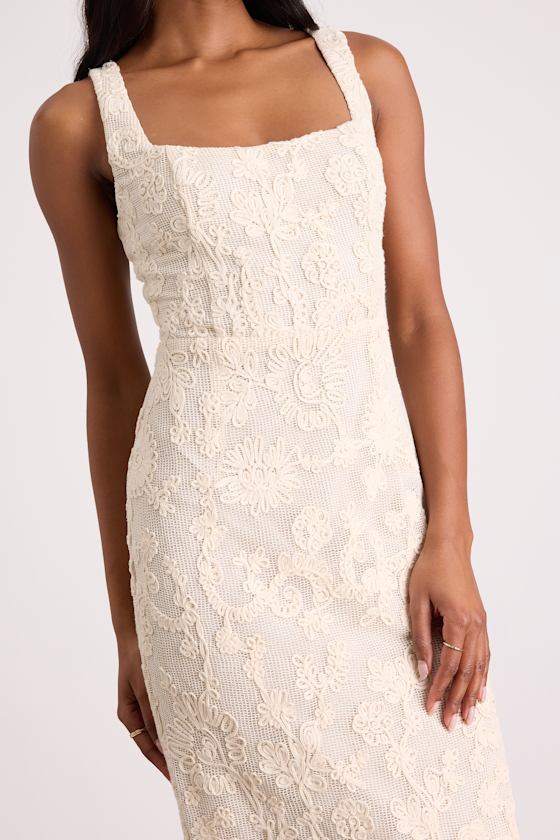Larine Cream Abstract Floral Embroidered Midi Dress #Color_Cream