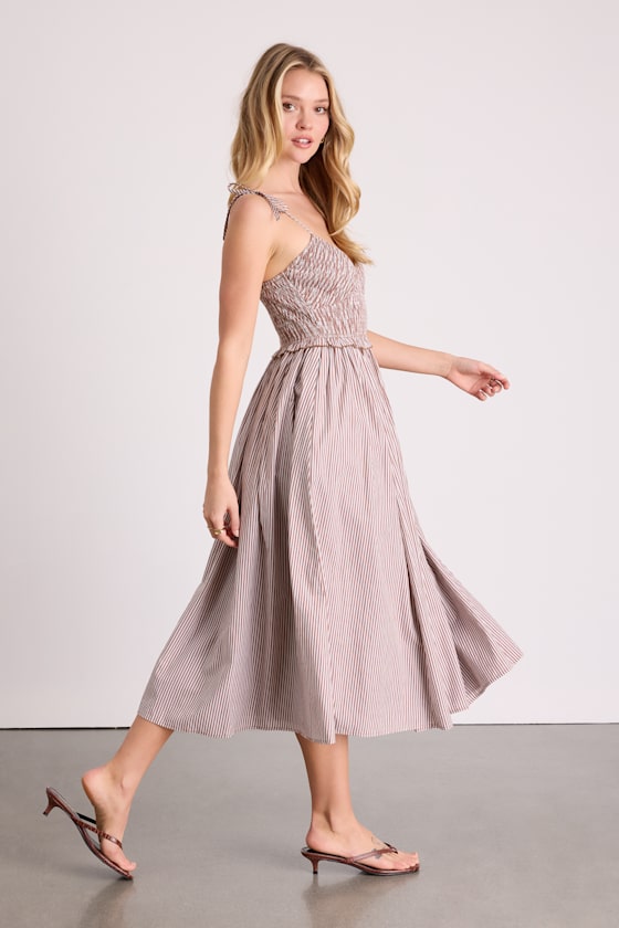 Fanya Brown and White Striped Smocked Midi Dress #Color_Brown and White Striped