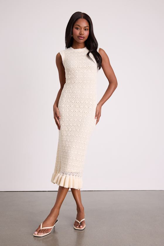 Nusa Cream Crochet Ruffled Column Midi Dress #Color_Cream