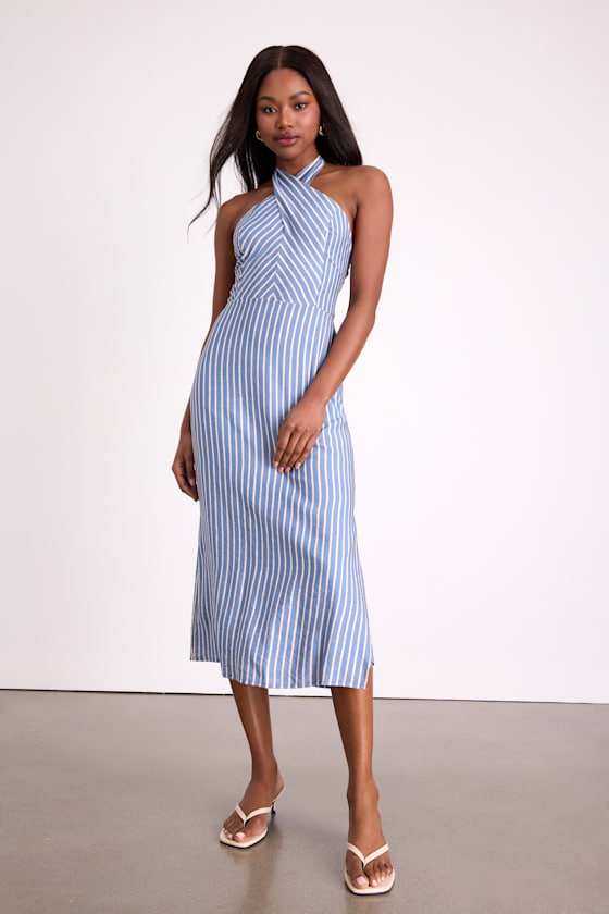 Gratiana Light Blue Striped Cross-Front Halter Midi Dress #Color_Light Blue Striped