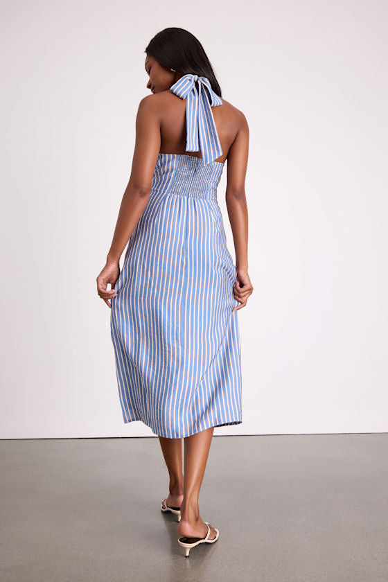Gratiana Light Blue Striped Cross-Front Halter Midi Dress #Color_Light Blue Striped