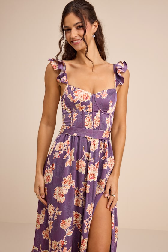 Sweet Like Sangria Blue Floral Ruffled Bustier Midi Dress #Color_Purple Floral