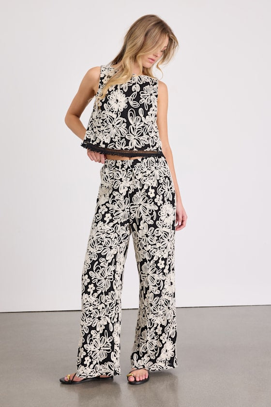 Yucca Black Floral Embroidered Two-Piece Jumpsuit