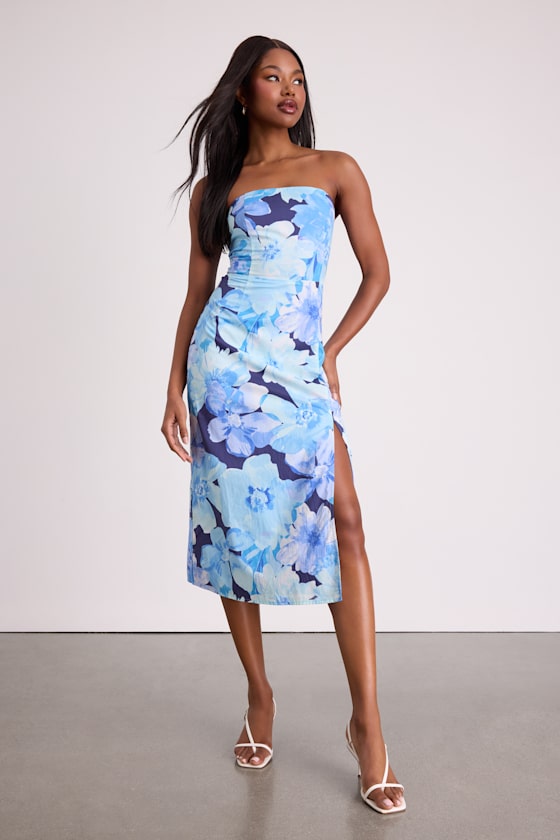 Bold Tendencies Fuchsia Floral Strapless Cutout Midi Dress #Color_Blue Floral
