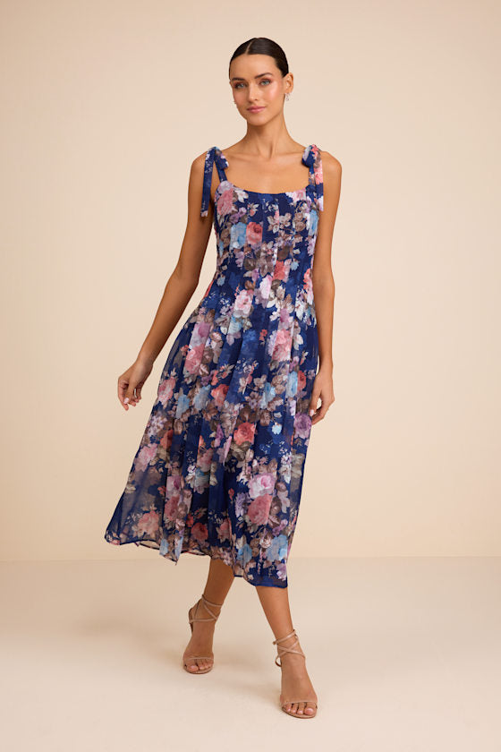 Jodia Navy Multi Floral Pleated Tie-Strap Midi Dress #Color_Navy Multi Floral