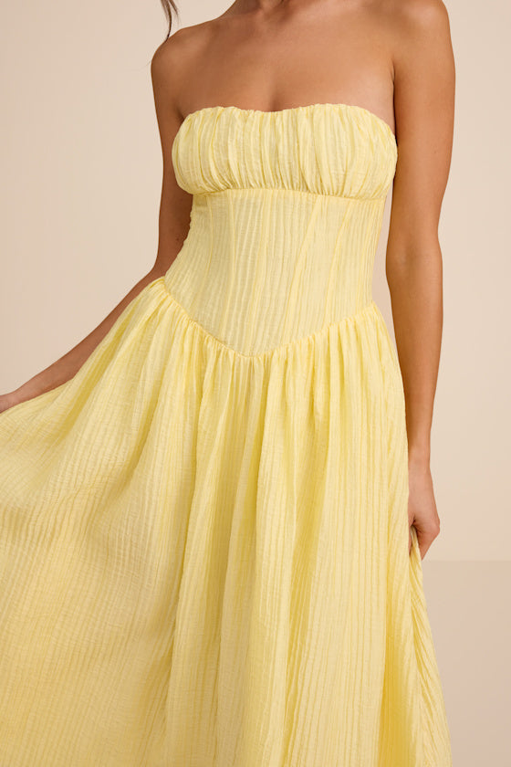 Aspen Ivory Plisse Strapless Bustier Midi Dress