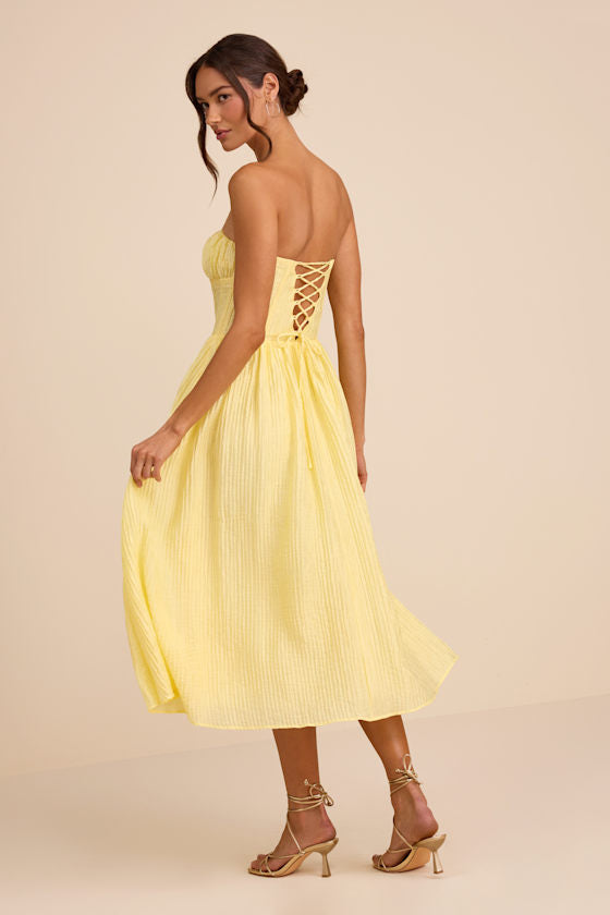 Aspen Ivory Plisse Strapless Bustier Midi Dress