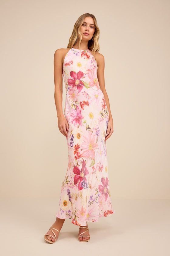 Sidney Blush Multi Floral Halter Maxi Dress #Color_Blush Multi Floral