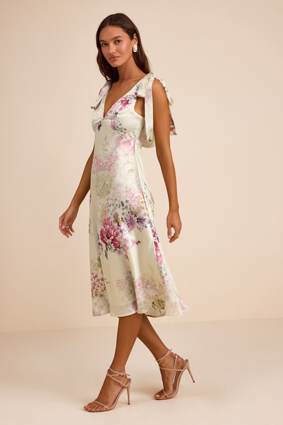 Zoella Ivory Floral Satin Tie-Strap Midi Dress