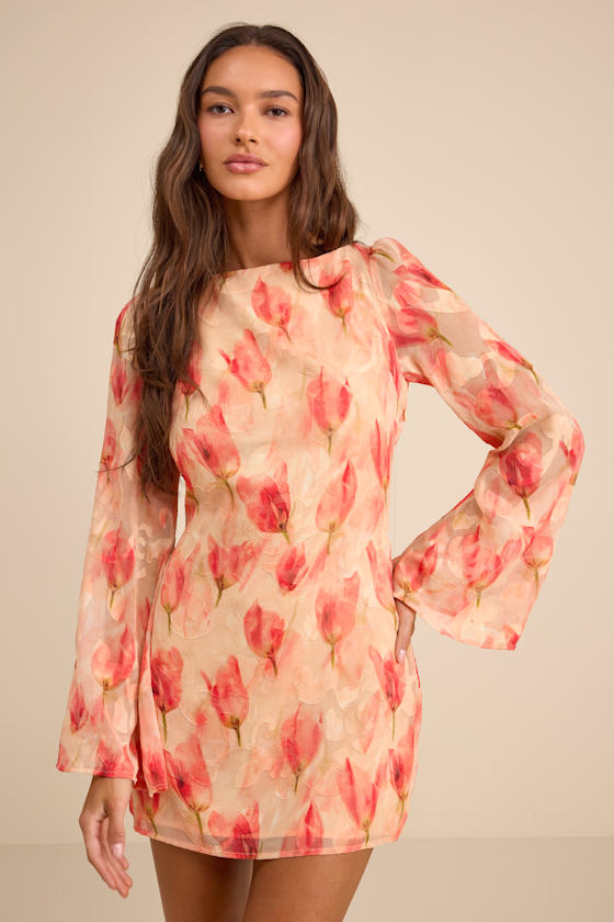 Jaleen Peach Floral Jacquard Bell Sleeve Mini Dress #Color_Peach Floral