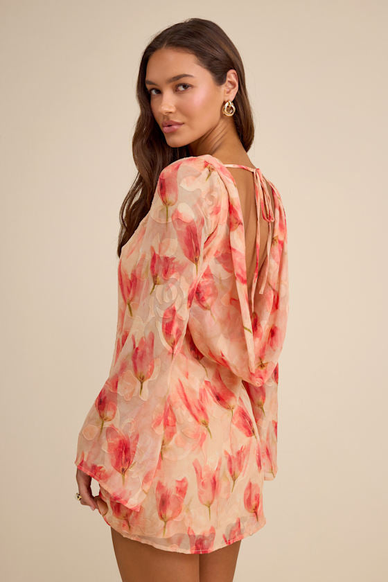 Jaleen Peach Floral Jacquard Bell Sleeve Mini Dress #Color_Peach Floral