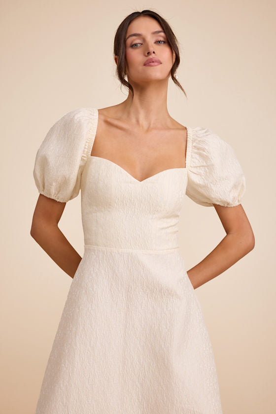 Melly Ivory Textured Jacquard Puff Sleeve Midi Dress #Color_Ivory