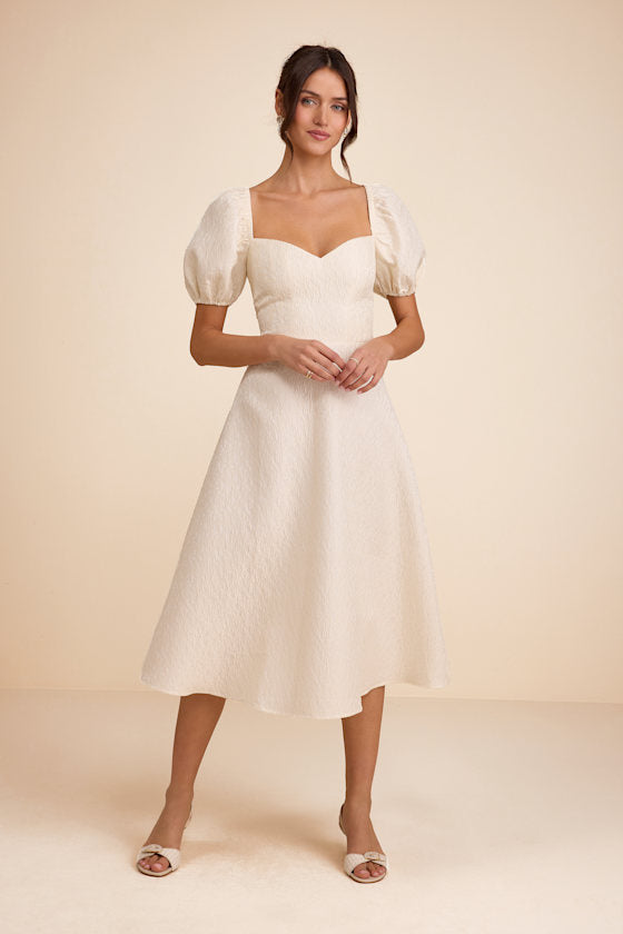 Melly Ivory Textured Jacquard Puff Sleeve Midi Dress #Color_Ivory