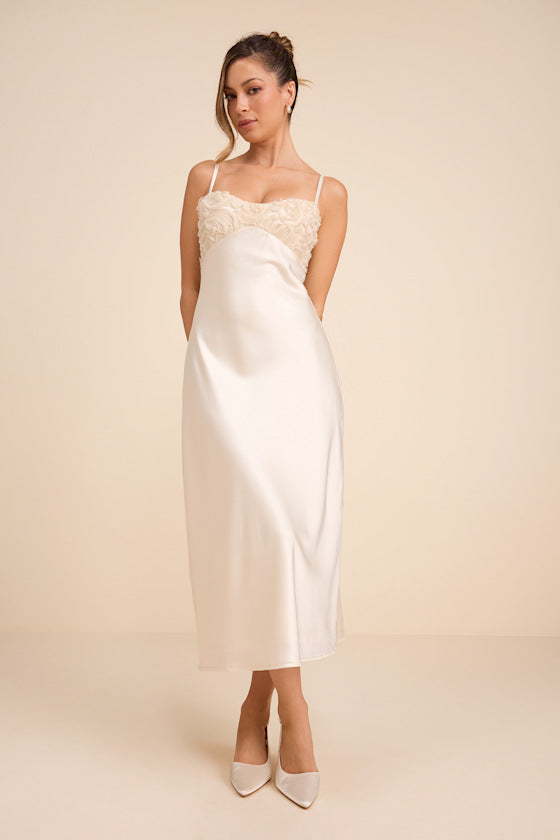 Lange Ivory Satin Applique Slip Midi Dress #Color_Ivory