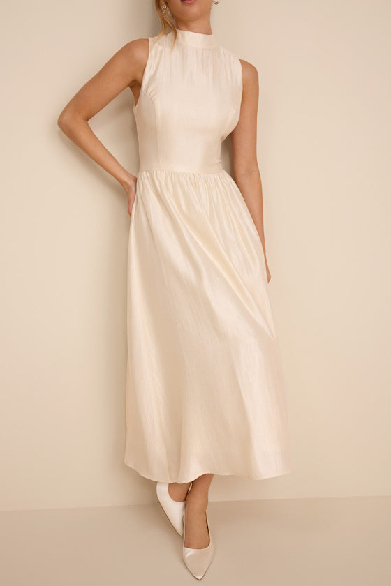 Rivia Ivory Mock Neck Cutout Midi Dress