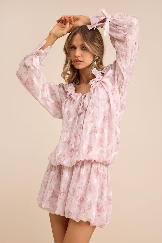Marcia Blush Pink Floral Ruffled Drop Waist Mini Dress #Color_Blush Pink Floral