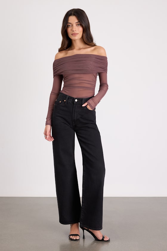 Good Times Brown Mesh Off-the-Shoulder Long Sleeve Top