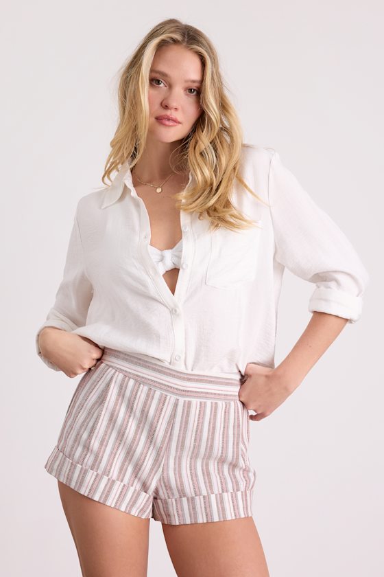 Ambrea White Multi Striped Linen High-Rise Shorts