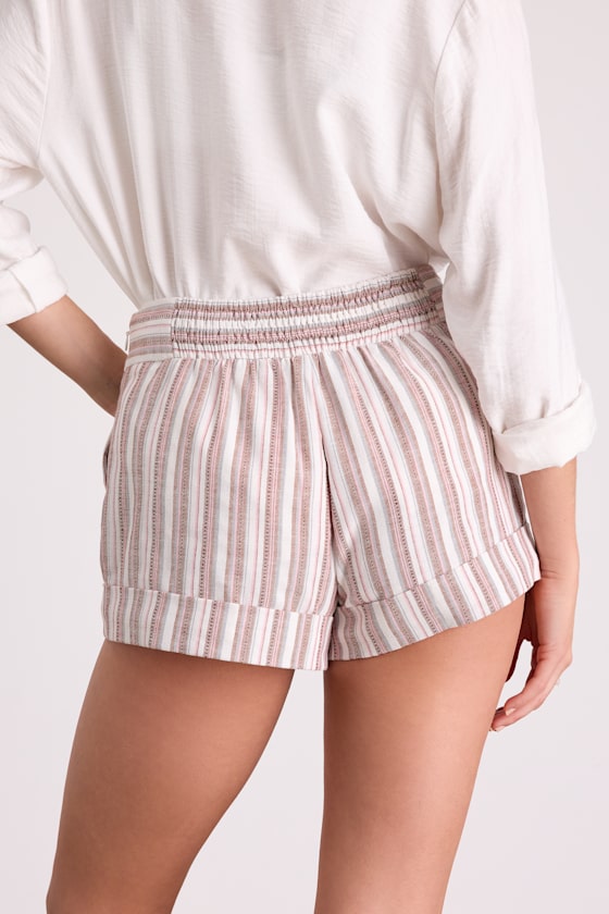 Ambrea White Multi Striped Linen High-Rise Shorts