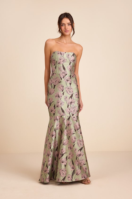 Gowning Around Slate Blue Floral Jacquard Strapless Maxi Dress