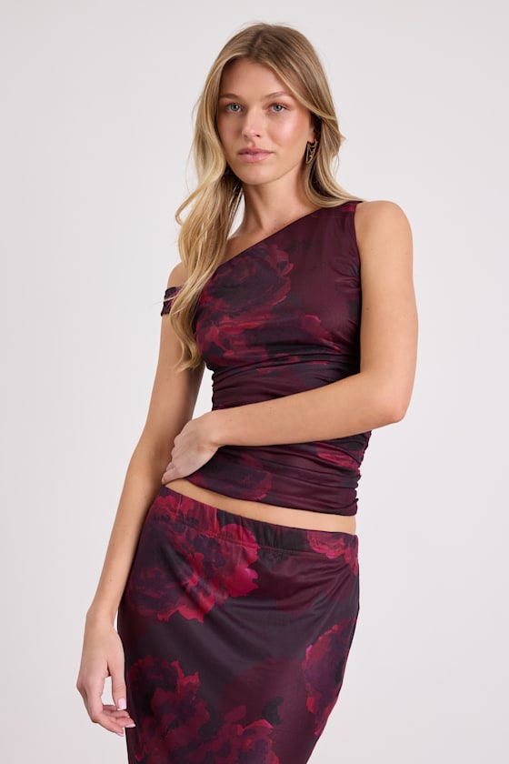 Camella Dark Plum Floral Mesh Asymmetrical Top #Color_Dark Plum Floral