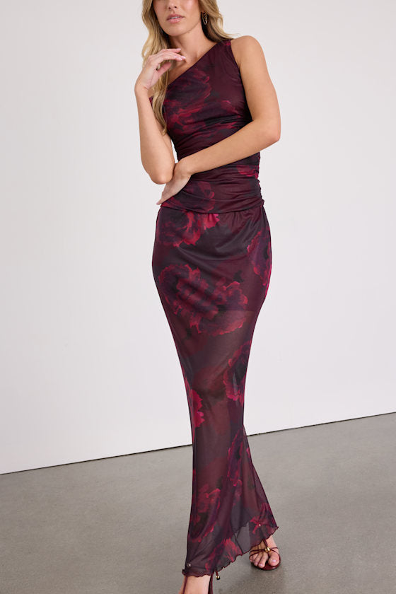Camella Dark Plum Floral Mesh Asymmetrical Top #Color_Dark Plum Floral