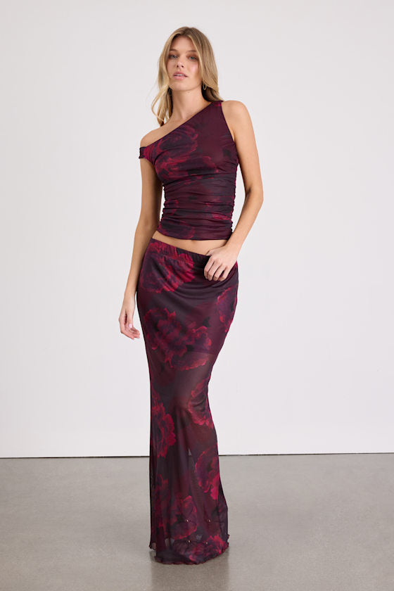 Camella Dark Plum Floral Mesh Maxi Skirt #Color_Dark Plum Floral