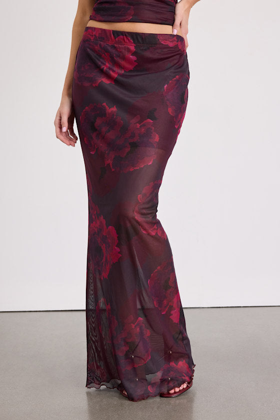 Camella Dark Plum Floral Mesh Maxi Skirt #Color_Dark Plum Floral