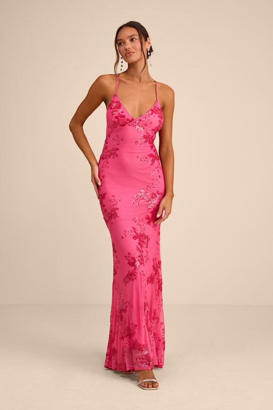 Valhalla Navy Blue Sequin Lace-Up Maxi Dress #Color_Hot Pink