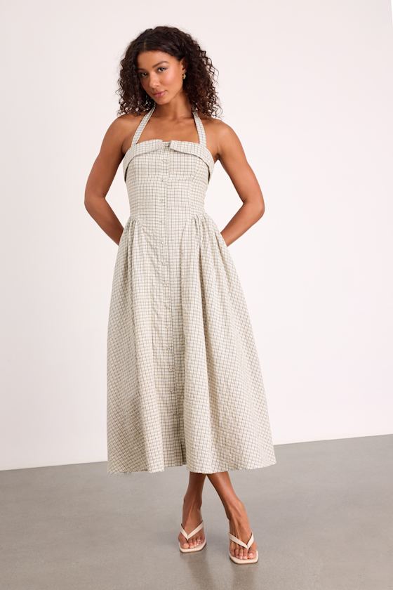 Shirley Cream Plaid Halter Button-Front Midi Dress