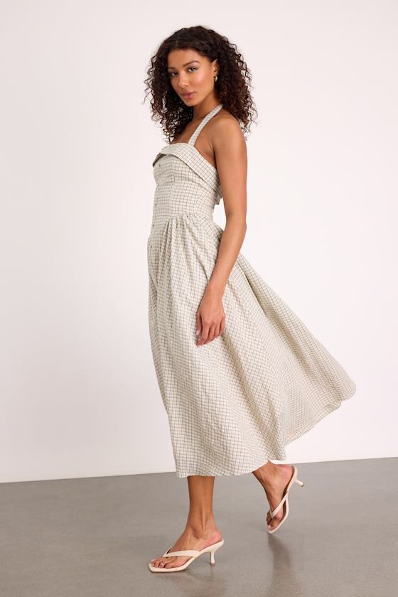 Shirley Cream Plaid Halter Button-Front Midi Dress