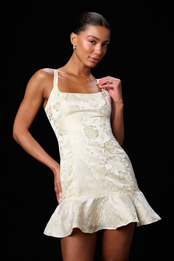 Jenner Pale Yellow Floral Jacquard Ruffled Mini Dress #Color_Pale Yellow