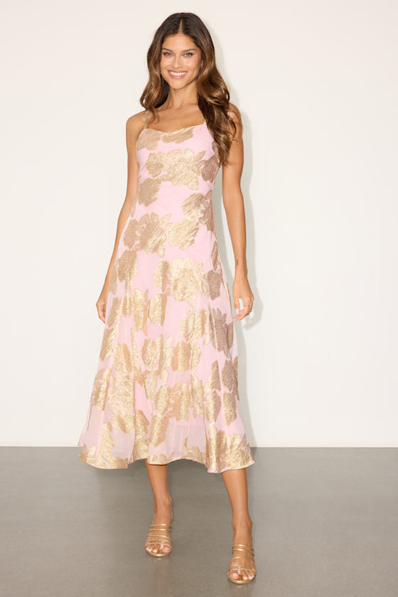 Tabatha Light Pink Floral Jacquard Midi Dress #Color_Light Pink