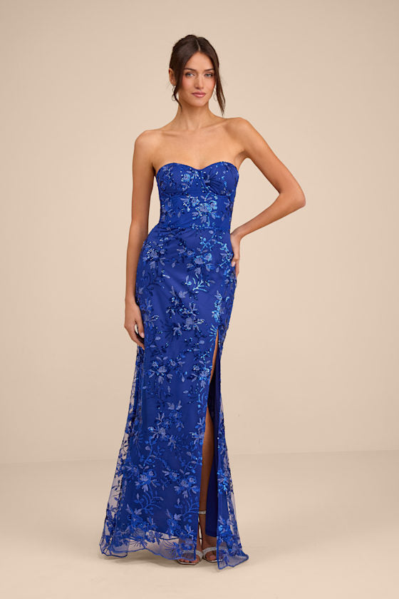 Confident Sensation Cobalt Sequin Strapless Bustier Maxi Dress #Color_Cobalt