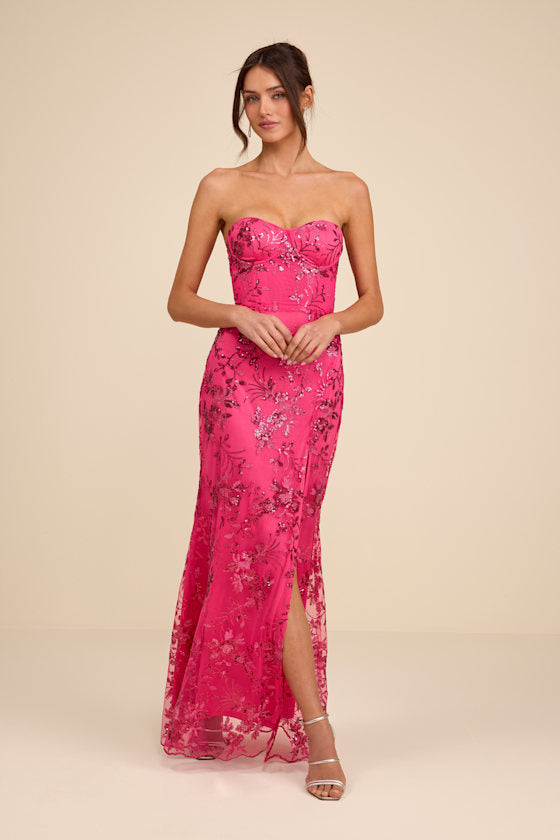 Confident Sensation Cobalt Sequin Strapless Bustier Maxi Dress #Color_Hot Pink
