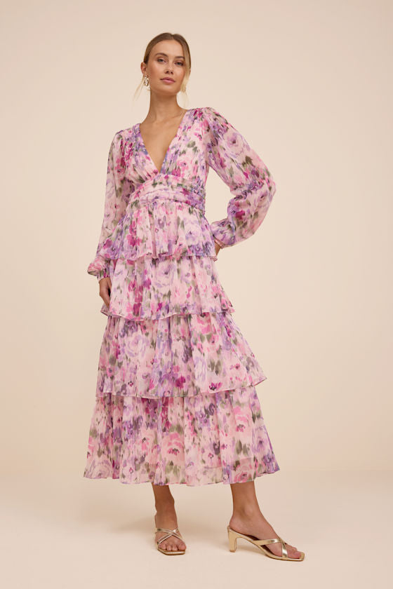 Macy Blush Multi Floral Tiered Midi Dress #Color_Blush Multi Floral