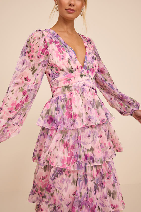 Macy Blush Multi Floral Tiered Midi Dress #Color_Blush Multi Floral