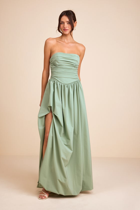 Marilou Light Yellow Strapless Ruched Lace-Up Maxi Dress #Color_Sage Green