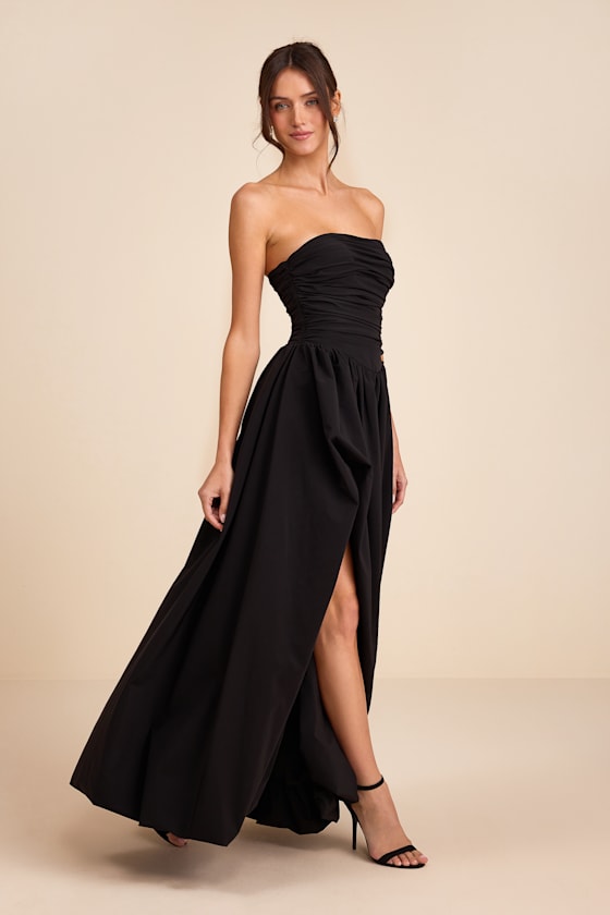 Marilou Light Yellow Strapless Ruched Lace-Up Maxi Dress #Color_Black