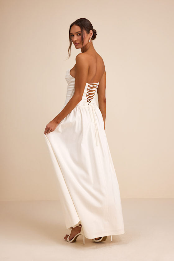 Almeria Navy Blue Strapless Lace-Up Maxi Dress
