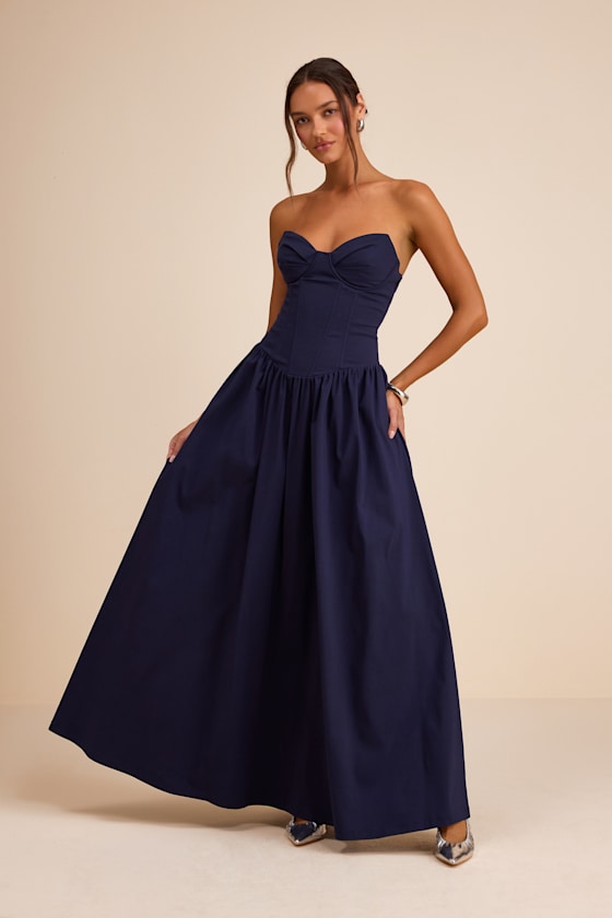Almeria White Strapless Lace-Up Maxi Dress #Color_Navy Blue
