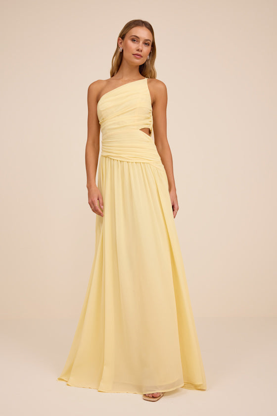 Marcela Navy Blue Ruched One-Shoulder Maxi Dress #Color_Light Yellow